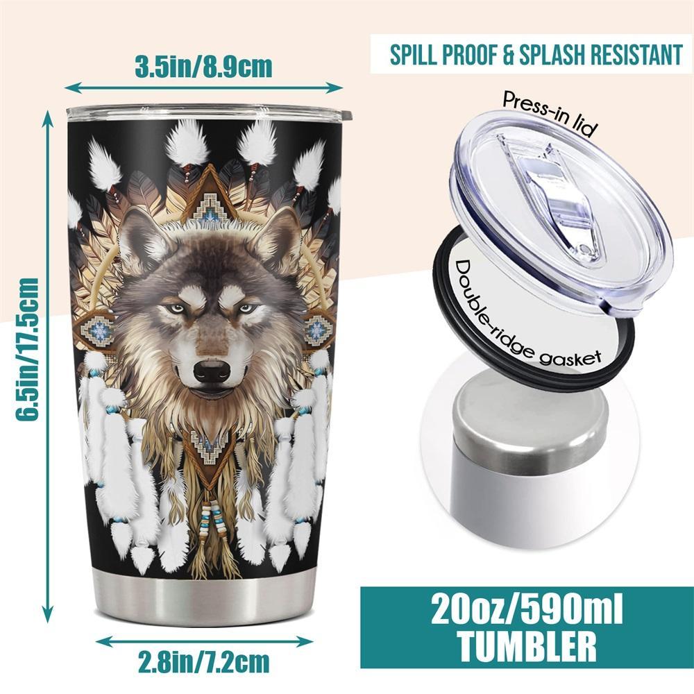 20oz Tumbler, 1 Count Wolf Pattern Stainless Steel Cup, Insulated and Durable Cup, Great Gifts for Wolf Lovers and People Who Love Indian Culture, Drinkware, Bottles, Insulated Water Bottle