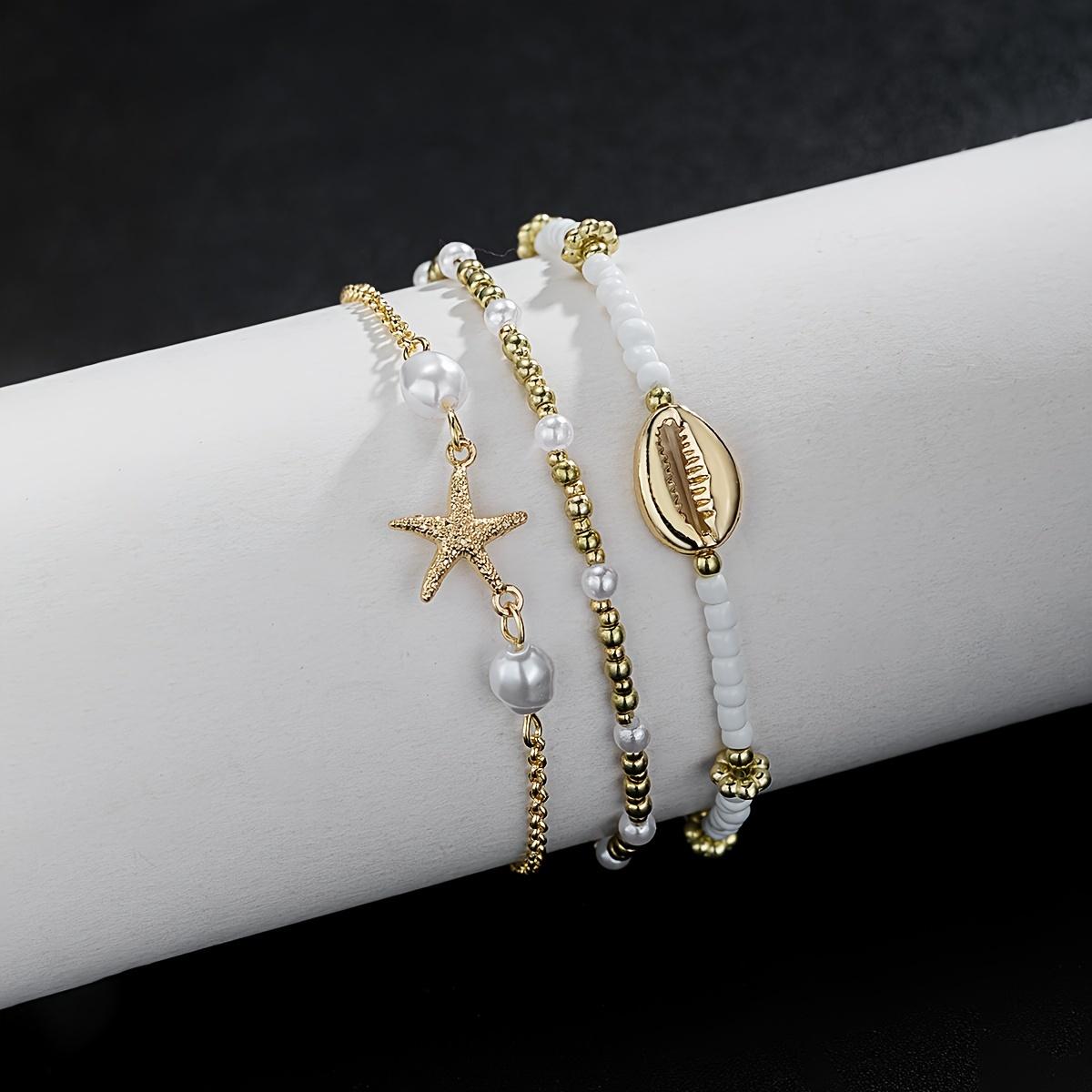 3pcs Beach Style Anklet Set] Beaded Anklet Set for Women, 3pcs Summer Beach Style, Starfish and Shell Charms, Vacation & Daily Wear, Universal Anklets Set