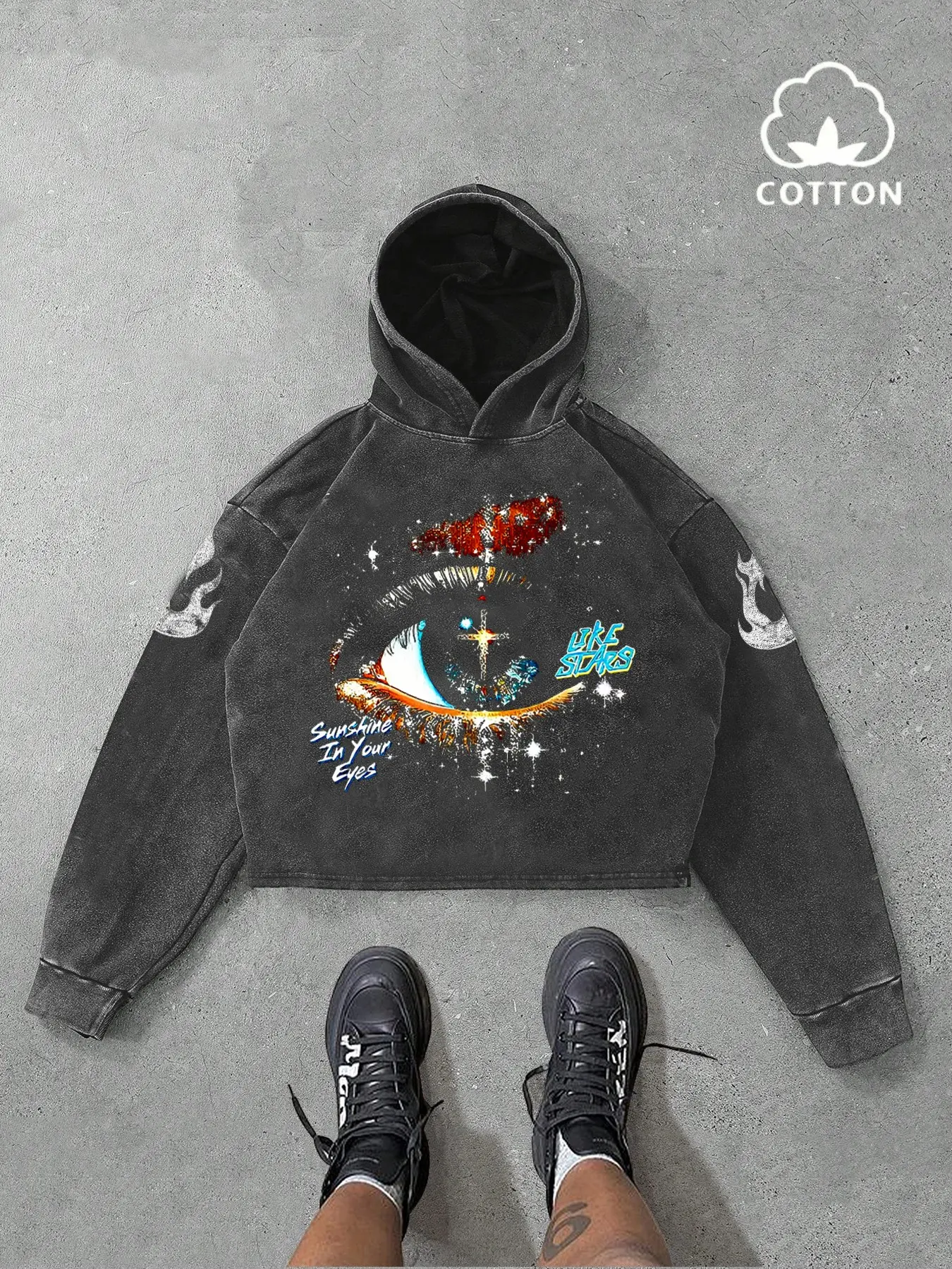 Trendy Men's Flame Eye Design Graphic Sweatshirt, Traceable Cotton Mid-Length Hooded Pullover, Fashion Essential Y2K