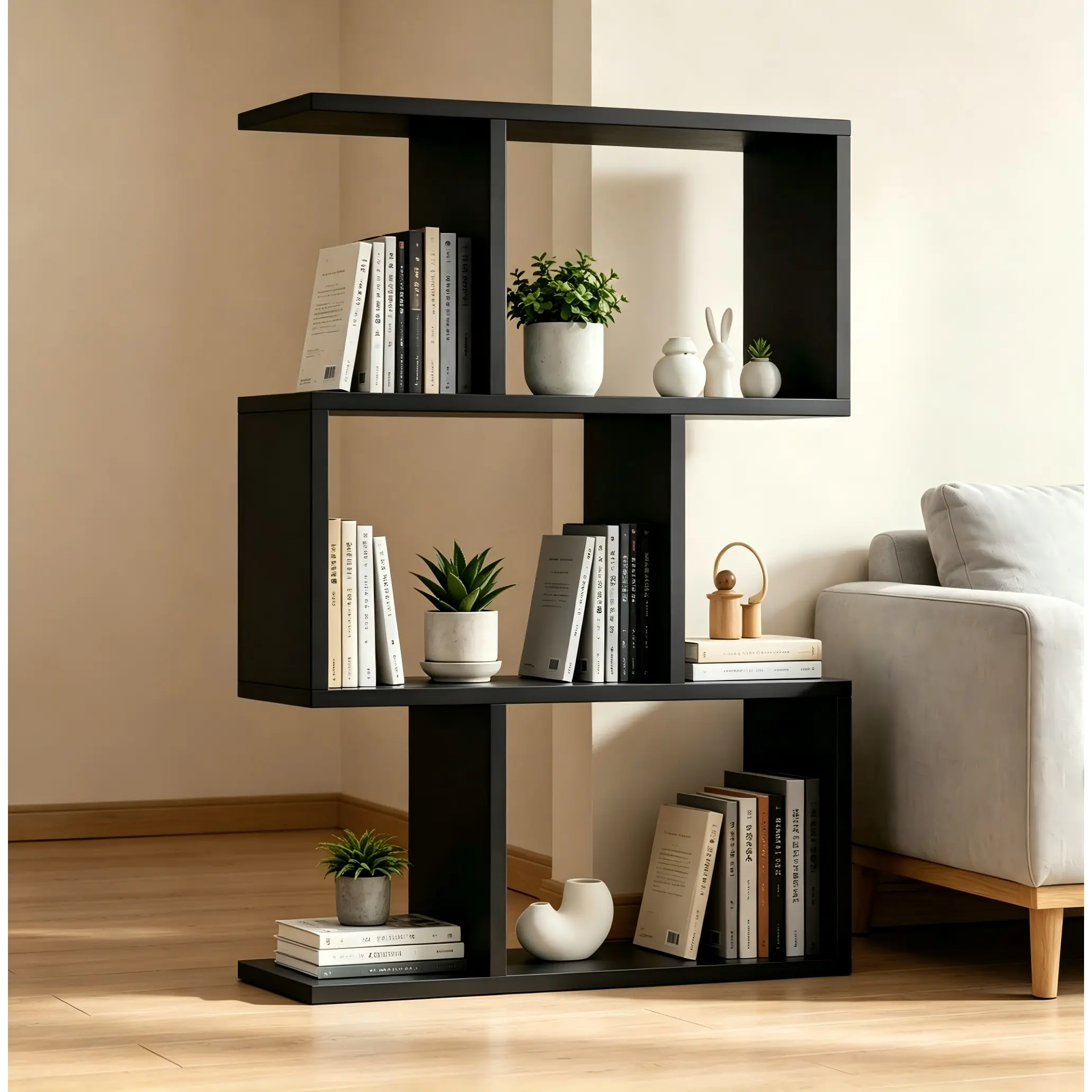 Nokaa 3-Tier Wall-Mounted Bookcase, Asymmetrical E-Shape Bookshelf, Antique Black, Melamine/Particle Board/MDF, Space-Saving Storage for Living Room, Bedroom, Study, Home Office, Display Books, Decor, 9.45Wx27.56Dx37.80H in