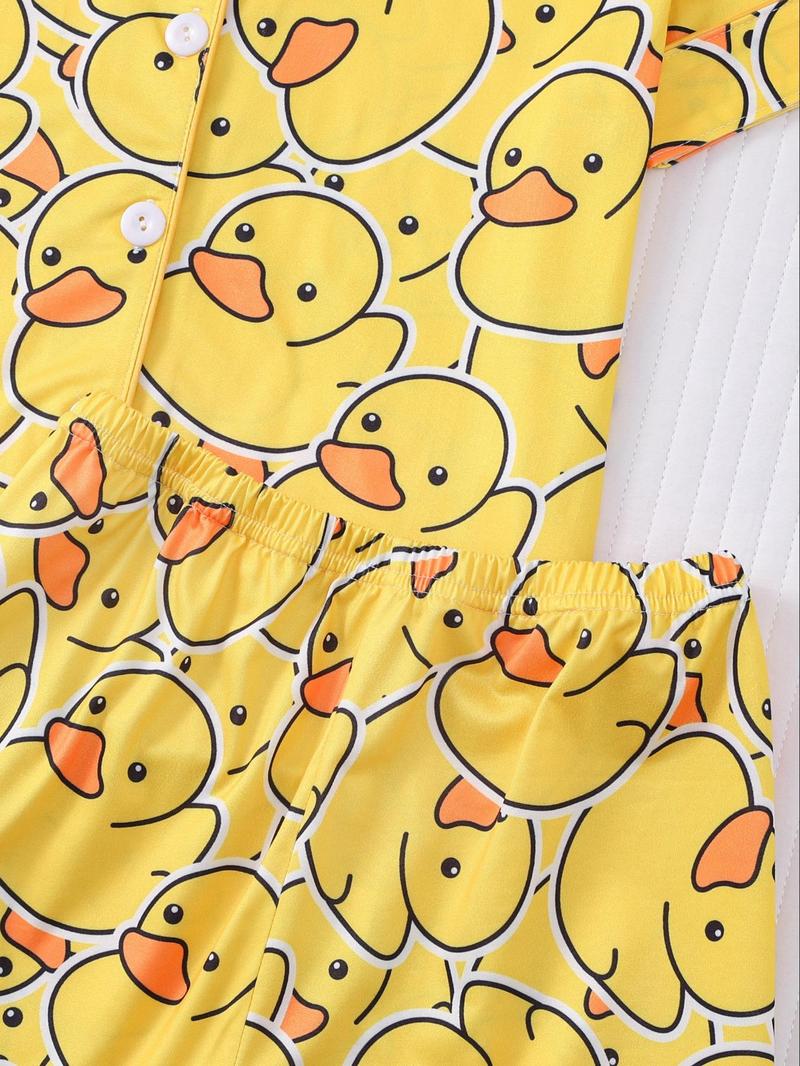 Girl's Cartoon Duck Print Top & Elastic Waist Shorts Pyjama Two-piece Set, Cute Comfy Short Sleeve Top & Shorts Pajamas Set, Kids Sleepwear for All Seasons, Pajama Set, Pajamas Loungewear