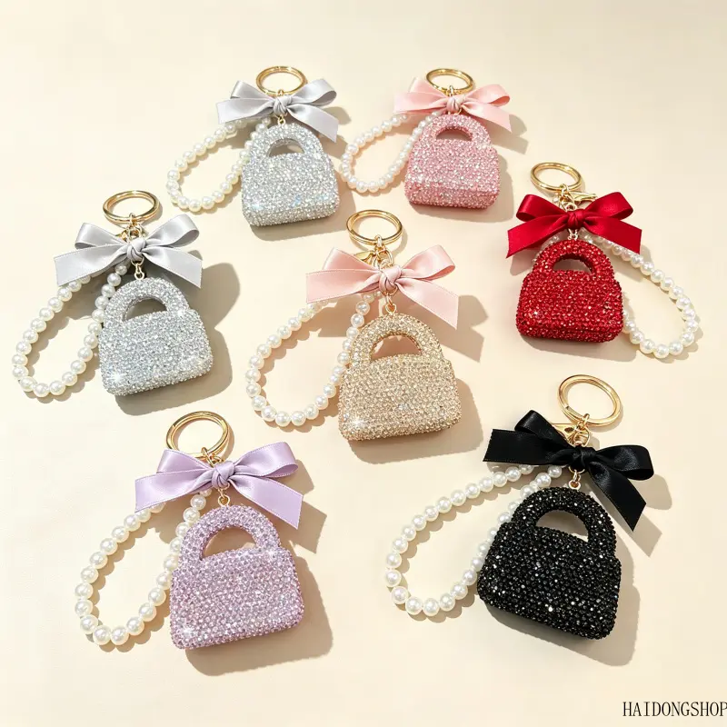Coquette Glam Viral Full Rhinestone Clay Doll Keychain For Women, Creative Pearl Chain Bag Charm, Quiet Luxury Y2K Accessory For Car Keys Backpack Daily Dating Shopping Styling