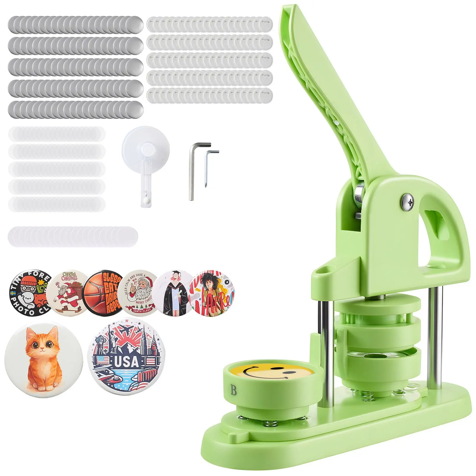 Button Maker Machine, 2.28 in, Plastic Pin Maker with 100pcs Button Parts, Circle Cutter and Hex Wrenches, Reinforced Ergonomic Handle, for DIY Badges, Personalized Pins and Key Chains, Green