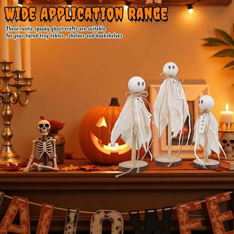 Halloween Ghost Decoration Set, 3 Piece Wooden Table Decor, Rustic Home Décor for Indoor Tables, Fireplaces, Bookshelves, Fall Decor