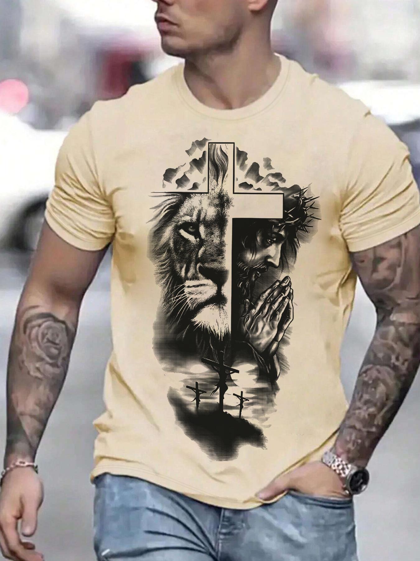 Men's Lion & Jesus Print Casual Graphic Design Round Neck Tee, Regular Fit Casual Short Sleeve Crew Neck T-Shirt for Summer, Fashion Men's Top for Daily Wear, Tropical