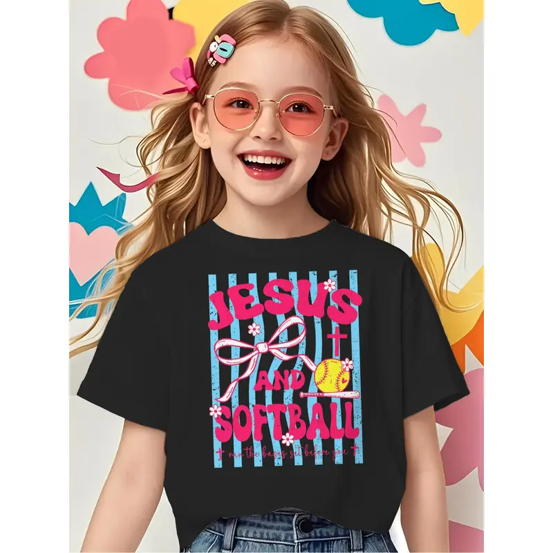 Girls' Christian Softball Bow T-Shirt - Girls Clothes, Cartoon Print, Fitted Cut, Prop 65 Safe, Casual Church Events Top with Bow Collar, Unisex Kids 3-13Y, Machine Washable Faith Apparel