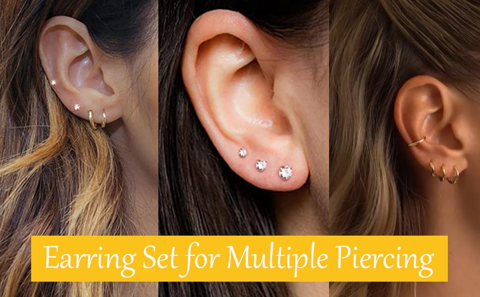 36PCS Earrings Set 12 Pairs Studs + 12 Piercing Hoops | 20G Stainless Steel CZ Cartilage Tragus Nose Jewelry | Silver & Gold