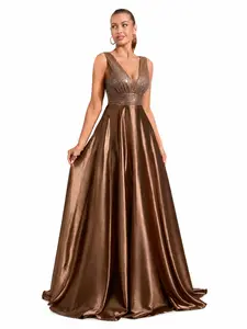 Women Deep V Sleeveless Sequin Bodice Waist Cinched Satin A-Line Maxi Dress With Pockets, Chic Elegant Formal Evening Gown For Bridesmaid Wedding Guest Prom Gala