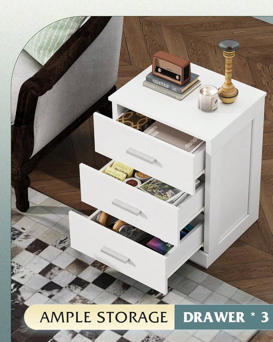Wood Nightstand with 3 Storage Drawers, Modern Minimalist Bedside Table, Compact Side Table for Bedroom, Living Room & Dorm