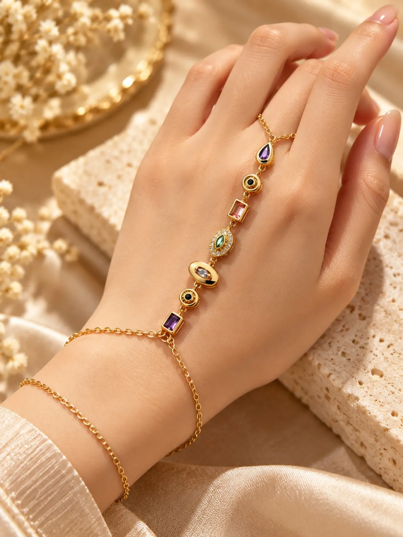1PC Hand Chain Bracelet with Ring for Women, Gold Tone Vintage Style Finger Bracelet with Purple and Clear Sparkling Accents, Bridal Hand Jewelry, Bridesmaid and Christmas Gift