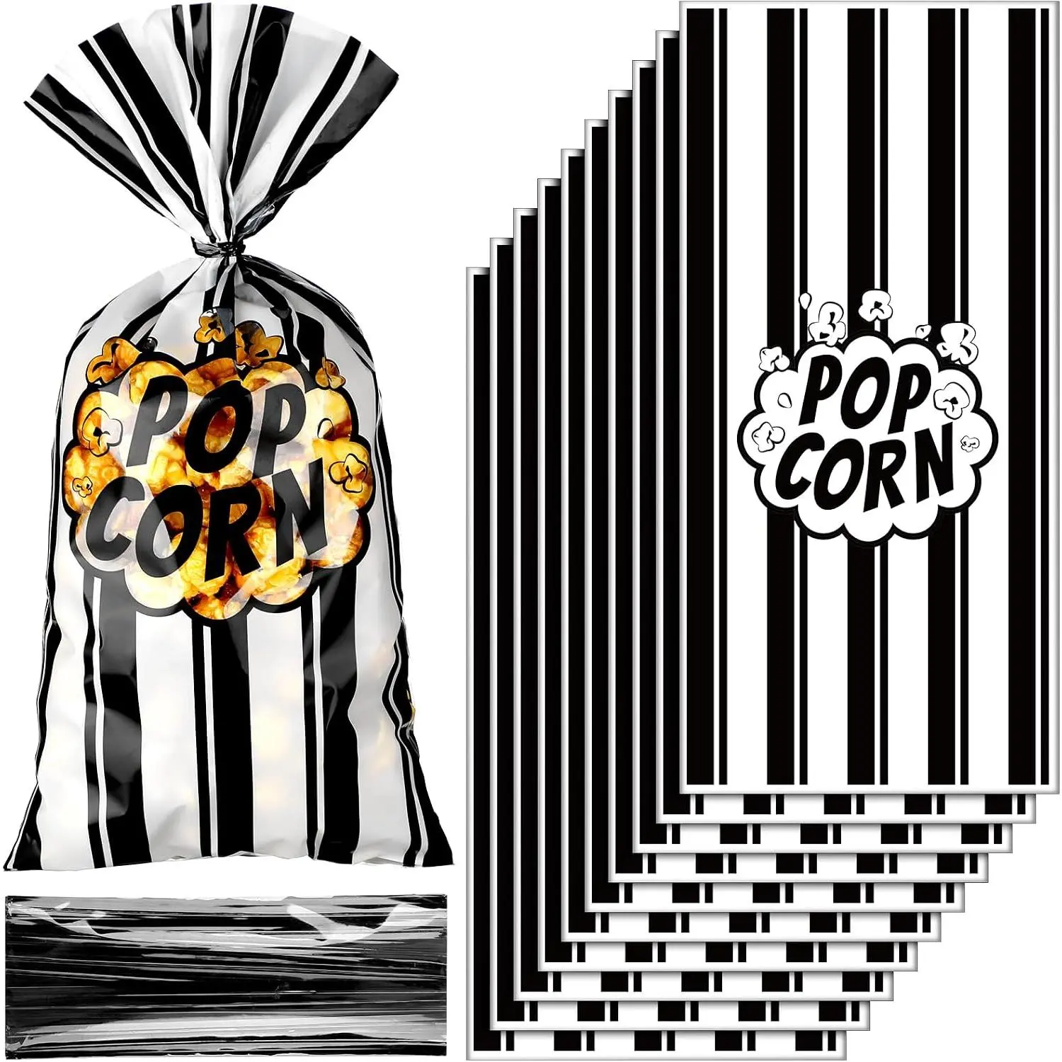 Popcorn Bags Bulk Movie Night Pop Corn Plastic Bags for Popcorn Machine Pop Corn Snack Containers with Twist Ties for Carnival Summer Halloween Party Supplies