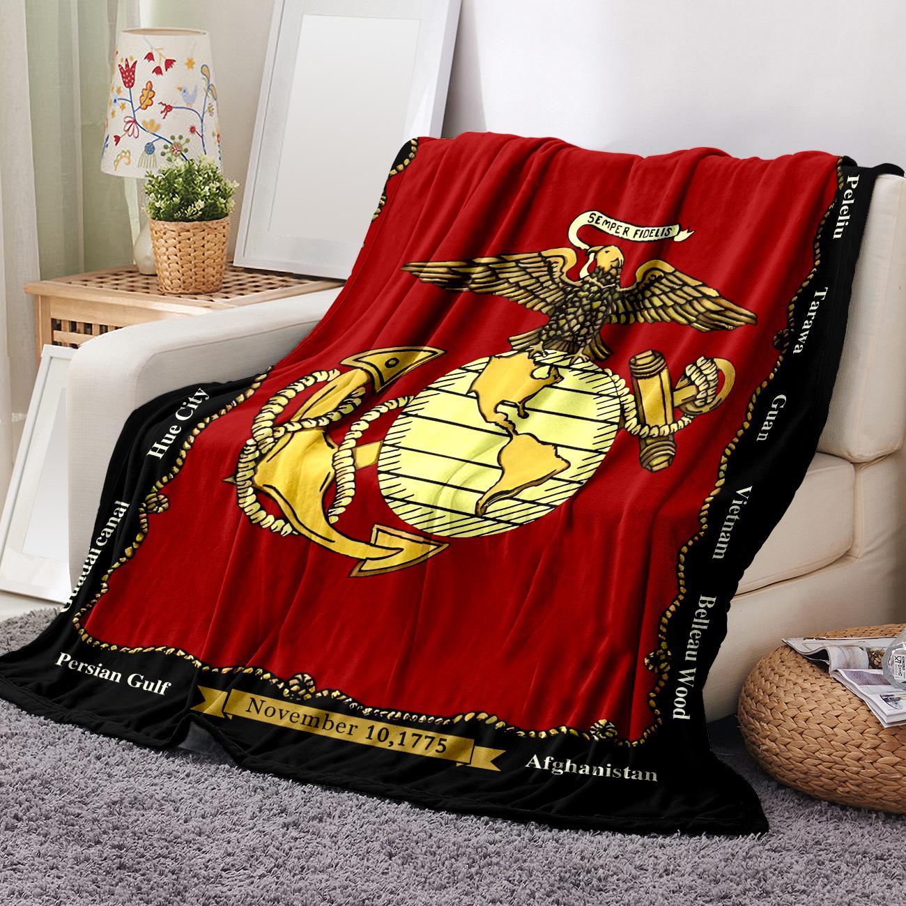 U.S. Marine Corps Emblem Pattern Blanket, 1 Count Soft Warm Throw Blanket with Storage Bag, Air Conditioning Room Blanket, Comfortable Nap Blanket for Home & Office