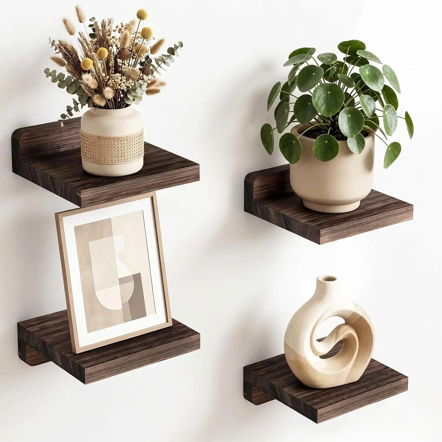 Small Shelf for Wall, 5X5 Inches Floating Shelves Set of 4, Rustic Wood Small Wall Mounted Shelves for Bedroom, Living Room, Kitchen, Bathroom Decor (Dark Carbonized Black)
