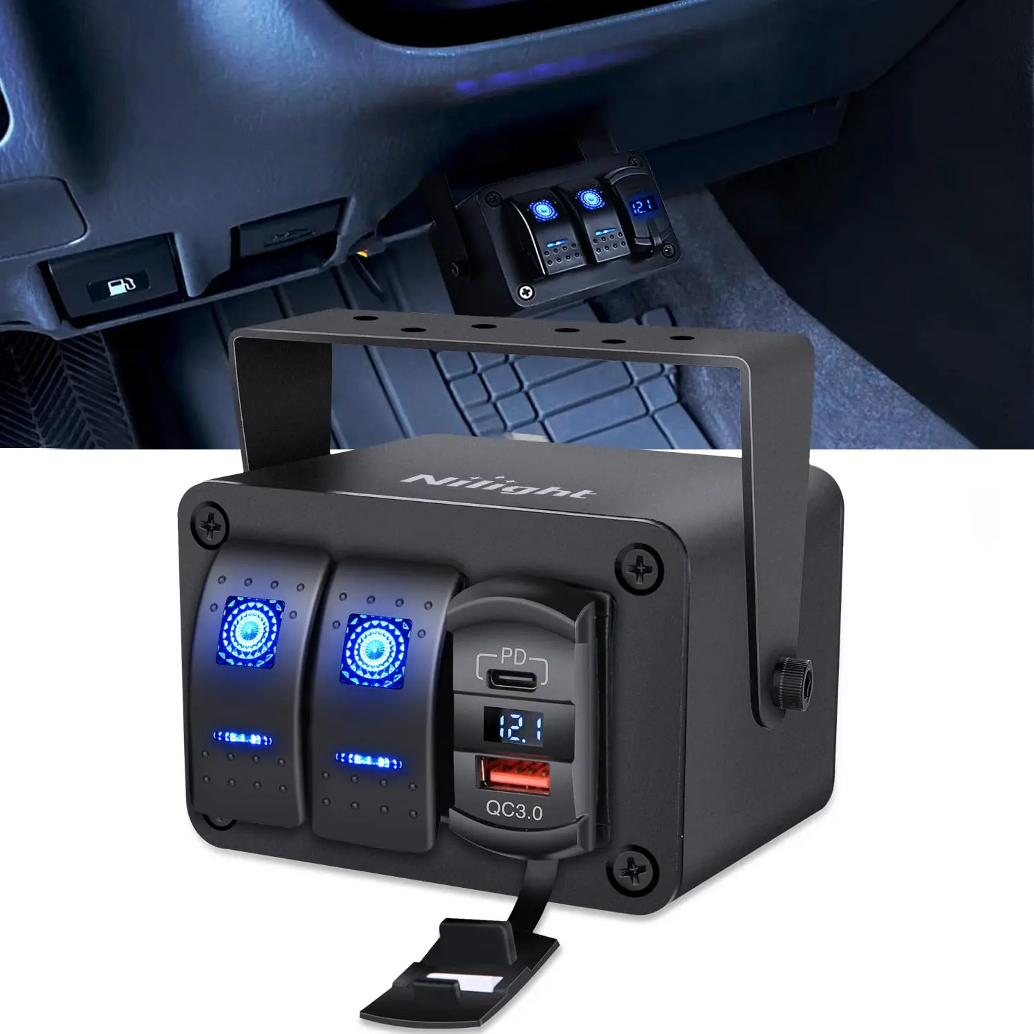 Nilight 2-Gang Pre-Wired Metal Switch Box - 12V SPST ON-OFF Metal Switch, PD Type-C & QC 3.0 USB Charging, 12V/24V Voltmeter, Waterproof Glow in the Dark Transparent Stickers, Aluminum Panel for Cars, Boats with LED Lighting