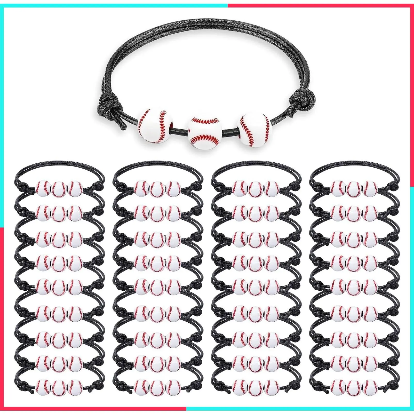 36PCS Baseball Charm Bracelets Adjustable Sport Wristbands with Bead Balls - Team Theme Party Favors Birthday Gifts for Teens and Adults