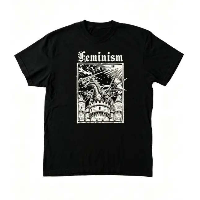 Feminism Vintage Gothic Dragon Castle Medieval Dark Art Graphic Short Sleeve T-Shirt, Unisex Summer Vacation Back To School Statement Casual Tops, 100% Pure Cotton Printed Craft Summervibes Tee, Soft Breathable Loose Fit daily outfits