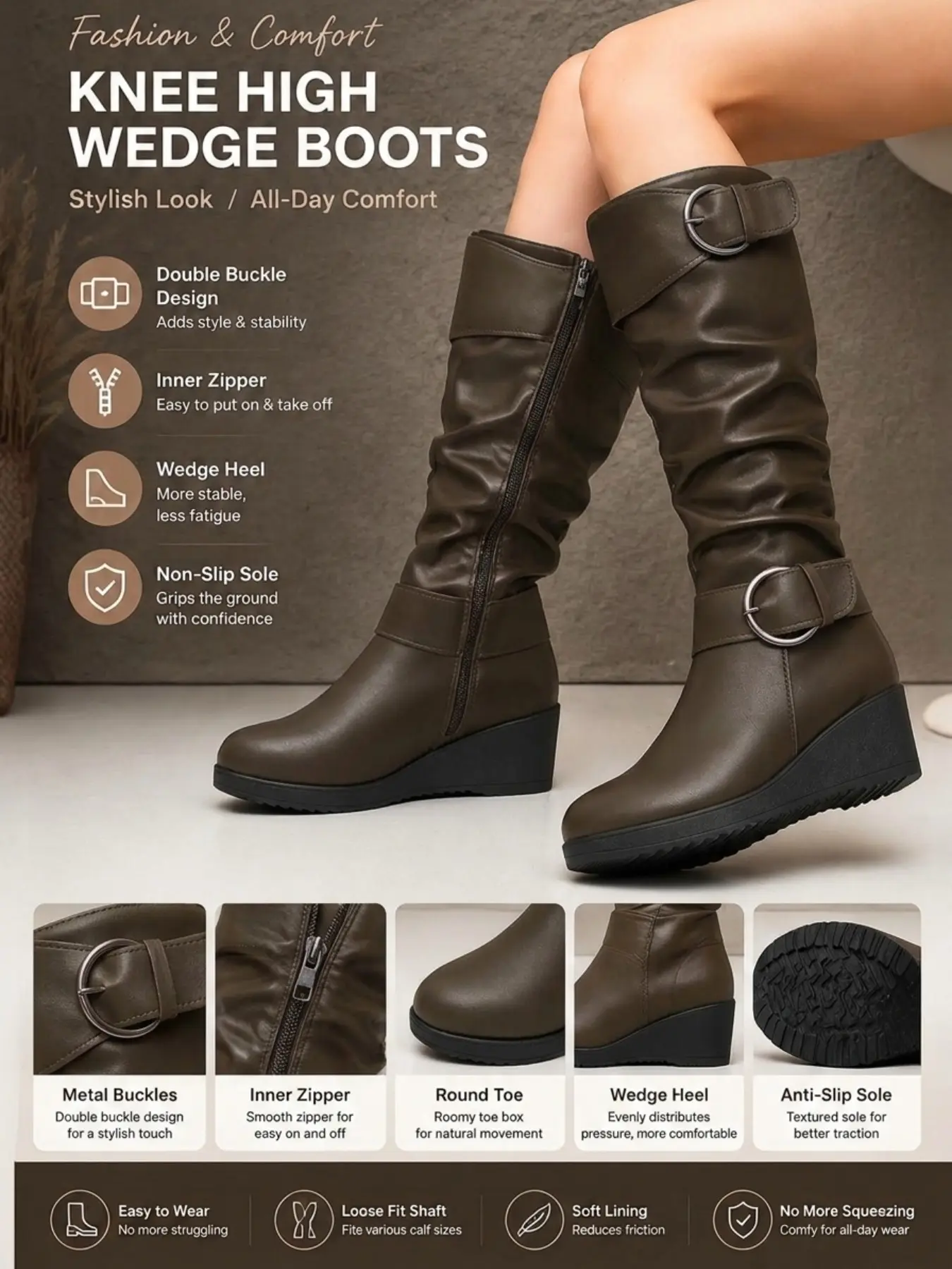 Women Slouchy Knee‑High Wedge Boots, Faux Leather Round Toe Double Metal Ring Buckle Side Zipper Tall Boots, Casual Fall Winter Fashion Boots, Fashionable Boots