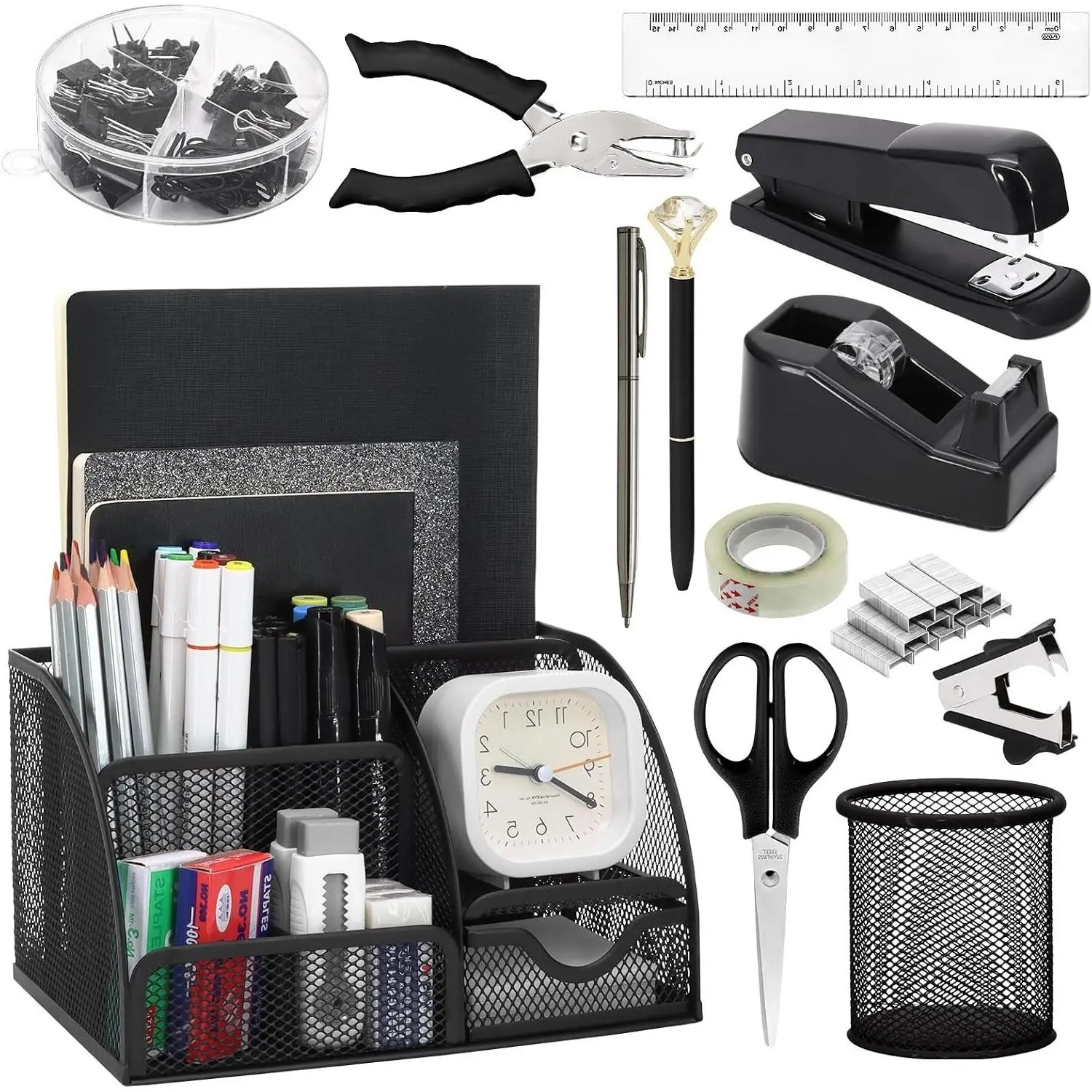 13-in-1 Office Desk Organizer Set - Stapler, Tape Dispenser, Pen Holder, Scissors, Ruler, Hole Punch, 2 Pens & More Desk Accessories for Back to School SuppliesGift