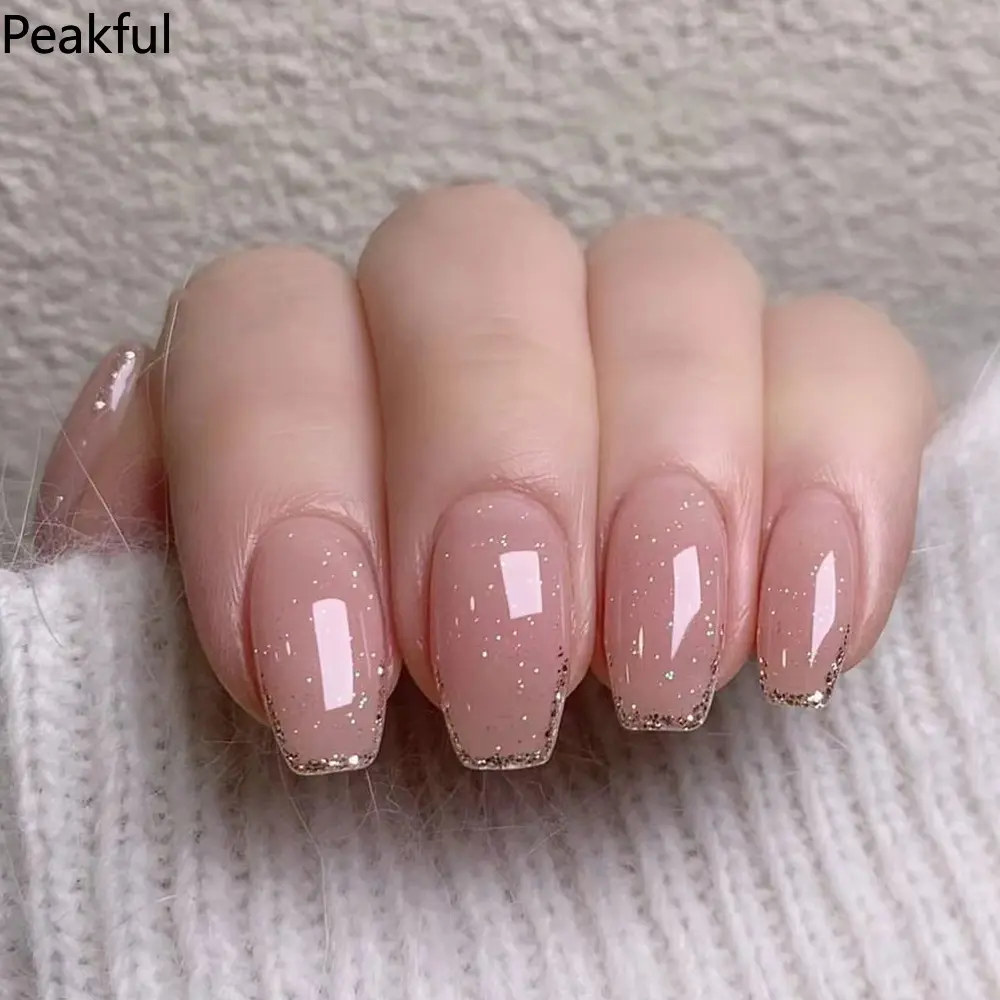 24Pcs Elegant French Glitter Press-On Nails, Short Ballet Glossy Fake Nails in Nude Pink, Removable Reusable Manicure Kit for Women, Ideal for Daily Office, Weddings & Gifts