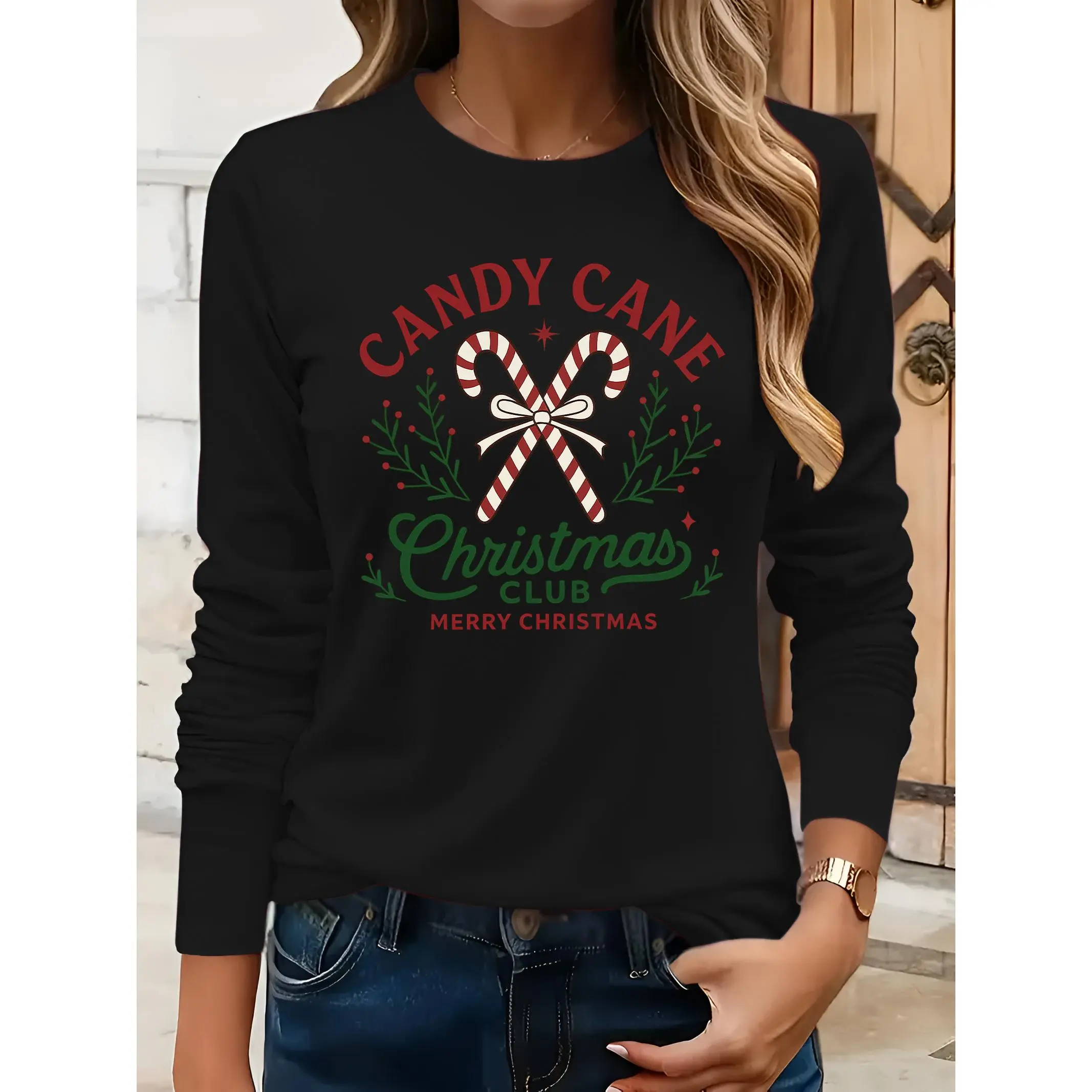 Casual Long-Sleeve T-Shirt for Women Featuring a Round Neck And a Festive Candy Cane Design - Playful Print, Machine Washable, Regular Fit, Ideal for Spring And Fall, Made from Comfortable Fabric for Everyday Durability
