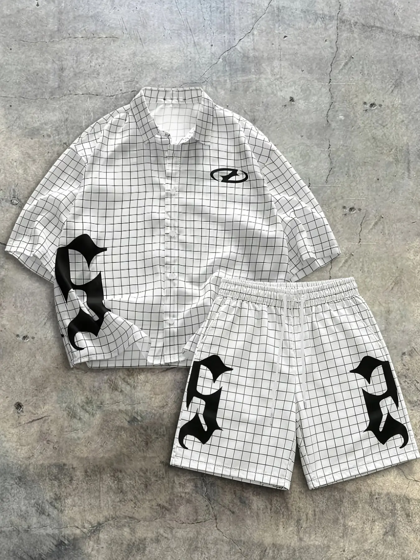 Checkered Gothic Letter Short Sleeve Shirt Set, American Casual Loose Fit Two-Piece, Unisex Fashionable Clothing