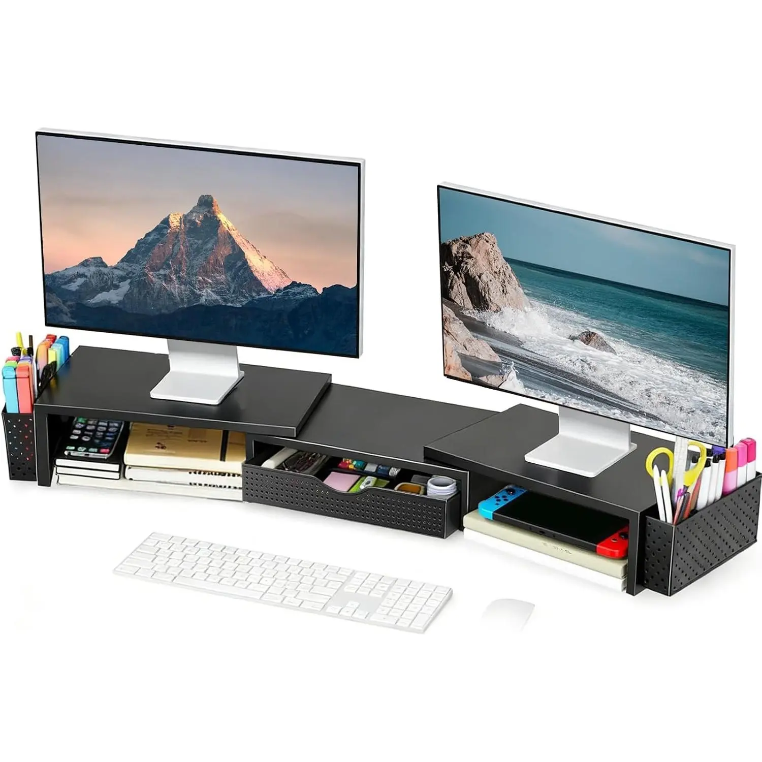 Black Metal Dual Monitor Stand Riser with Sturdy Base, Drawer, 2 Pen Holders & Book Racks – Office Desk Organizer for Office Supplies, With Drawer