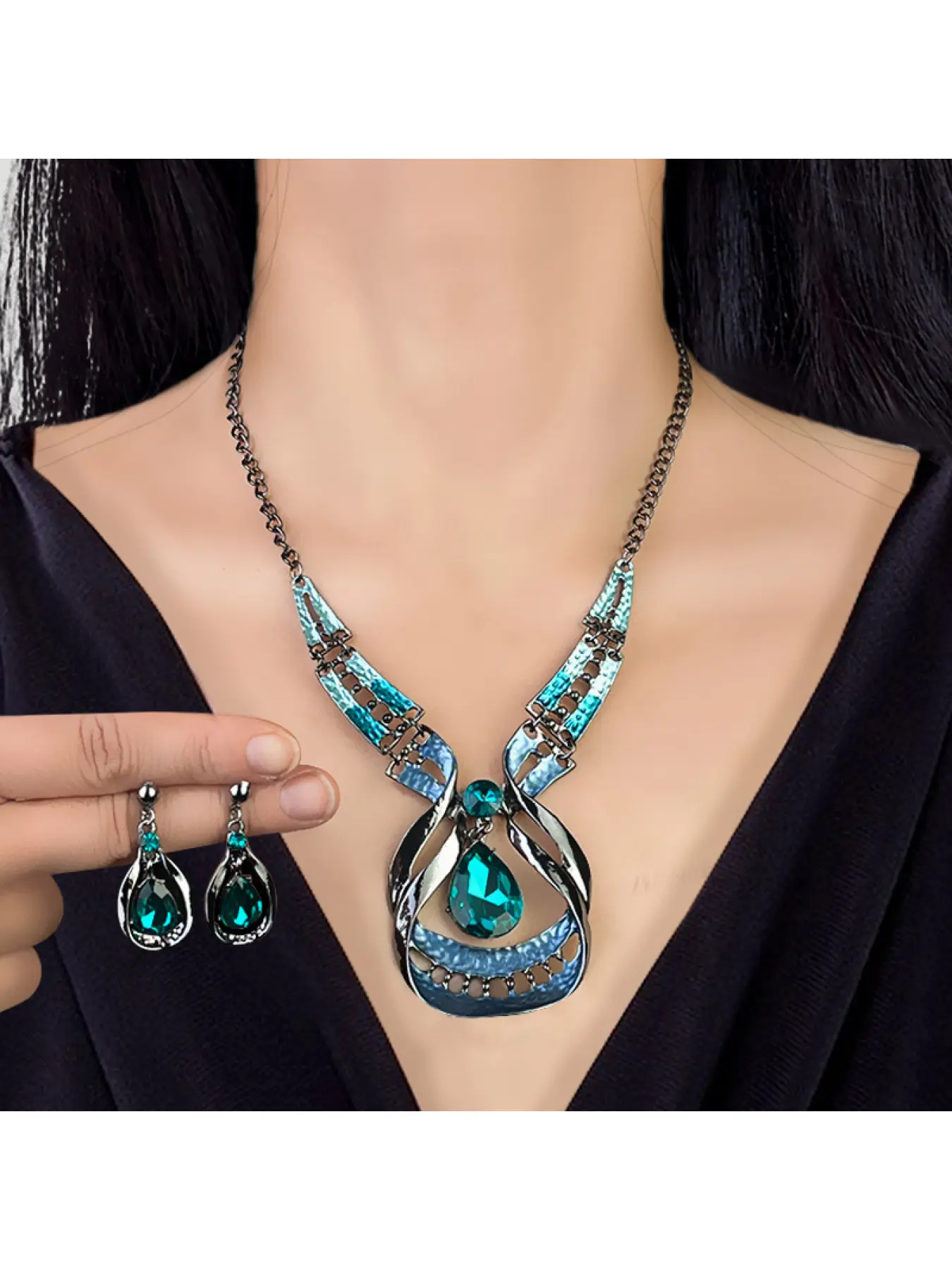 Women Blue Simulated Gemstone Jewelry Set, Luxury Statement Necklace And Earrings, Elegant European American Evening Party Costume Accessories For Wedding Banquet Formal Occasions