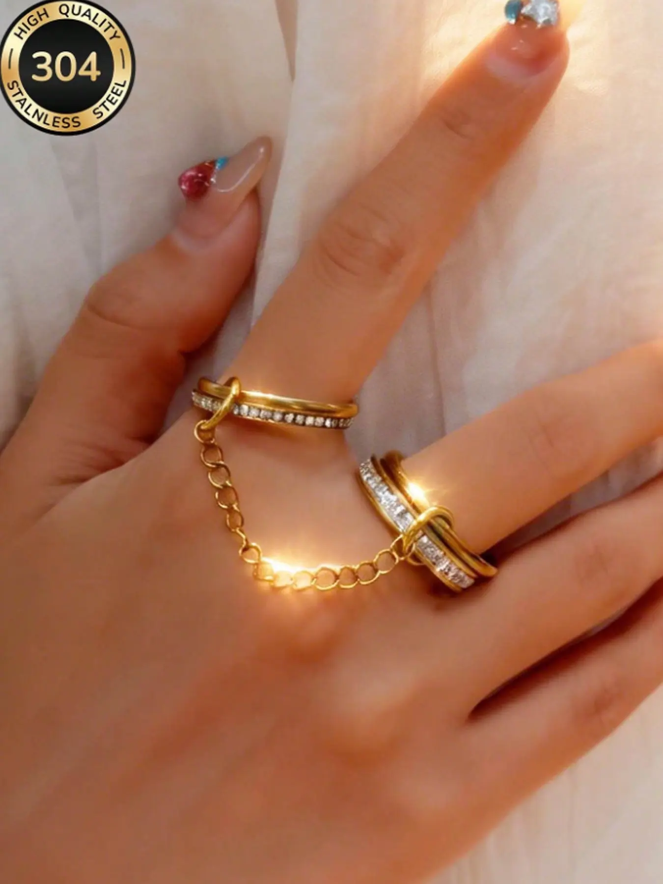 2026 New Stainless Steel & Copper 18k Gold Plated Two-Finger Ring, Elegant Full Circle Rhinestones, Low Allergy Fashion Jewelry, Perfect Gift