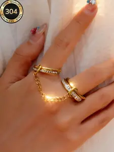 2026 New Stainless Steel & Copper 18k Gold Plated Two-Finger Ring, Elegant Full Circle Rhinestones, Low Allergy Fashion Jewelry, Perfect Gift