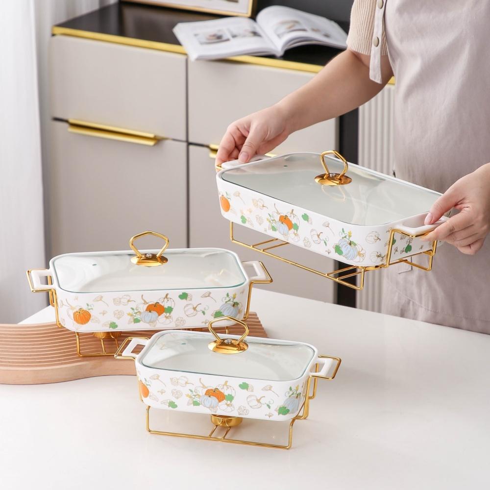 Rectangular Ceramic Casserole with Lid, High-Temperature Glazing for Halloween and Christmas, Available in Three Sizes, Creative Pot Holder for Home Dining & Parties