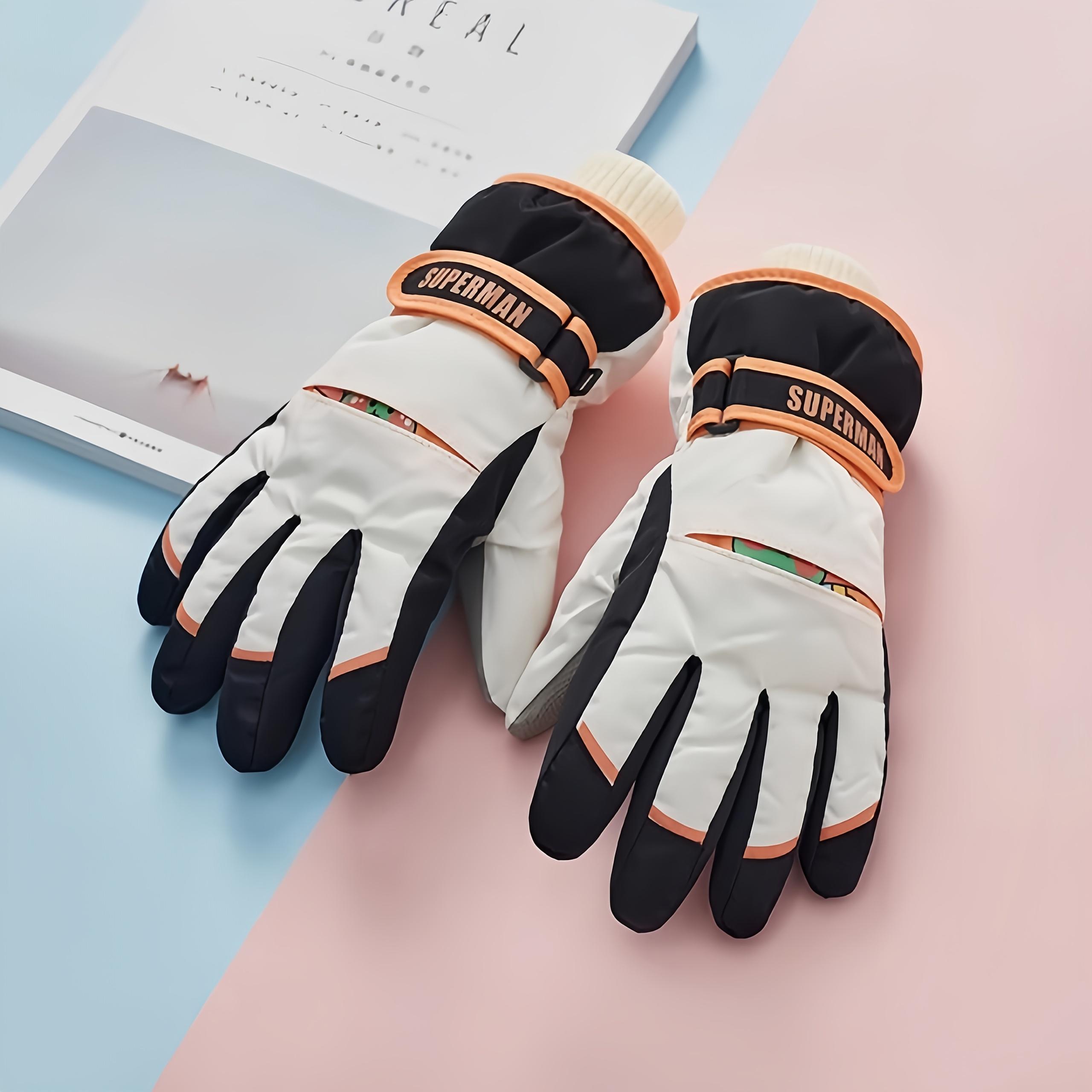 1-Pair Winter Ski Gloves - Cold Weather Thermal Gloves with Wrist Strap & Color-Coded Tips, Soft Plush Inner Lining - Ideal for Skiing, Snowboarding, Snowplay - Boys & Girls Ages 6-10 Years - Multi-Color Options (Blue, White, Black, Orange, Green, Pink, G
