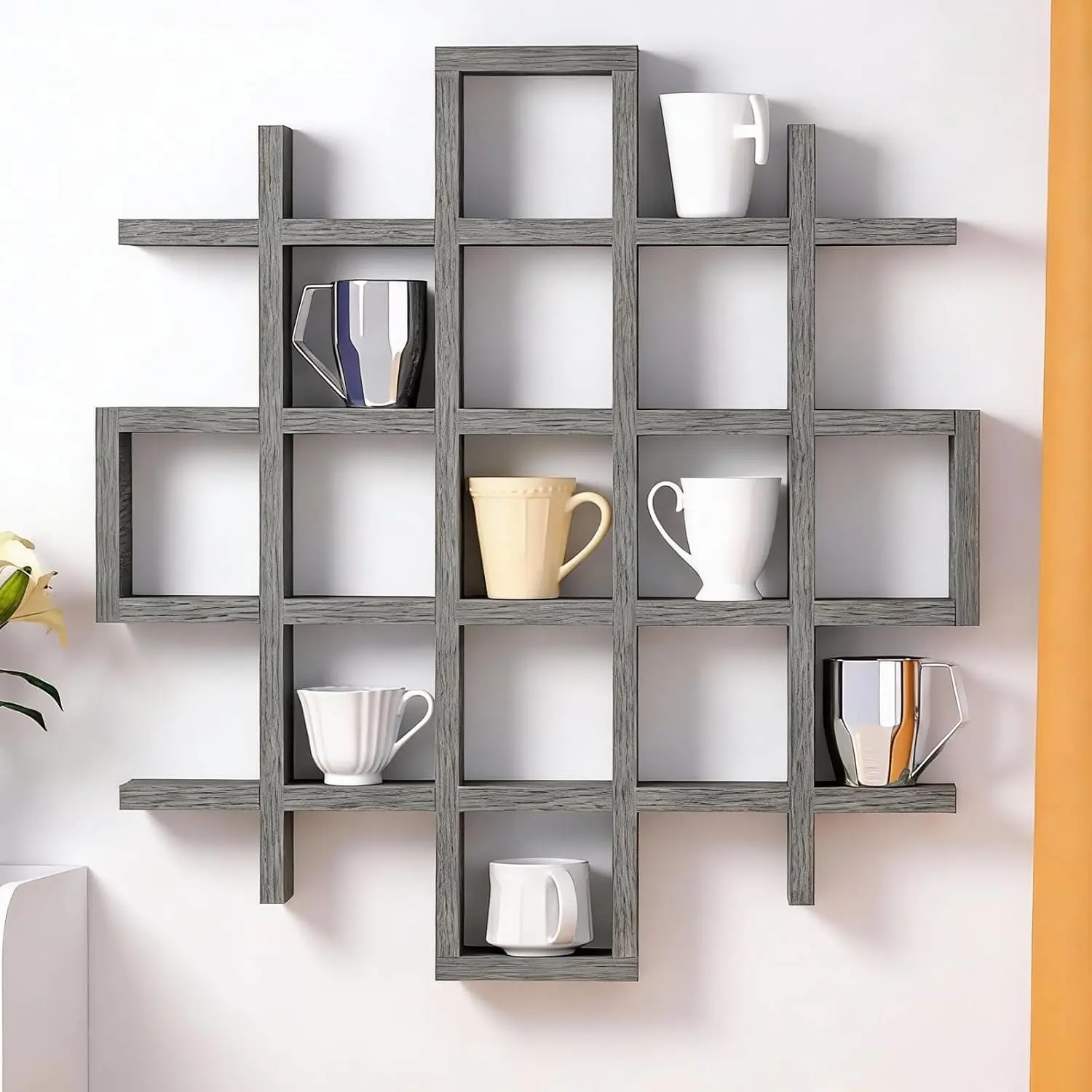 Oversize Coffee Mug Display Rack Wooden Display Shelves Rustic Wooden Floating Curio Shelf Travel Wall Mounted Coffee Mug Rack Holder Shadow Box Shelf (Grid Size 5.1x5.1x3in,Grey)