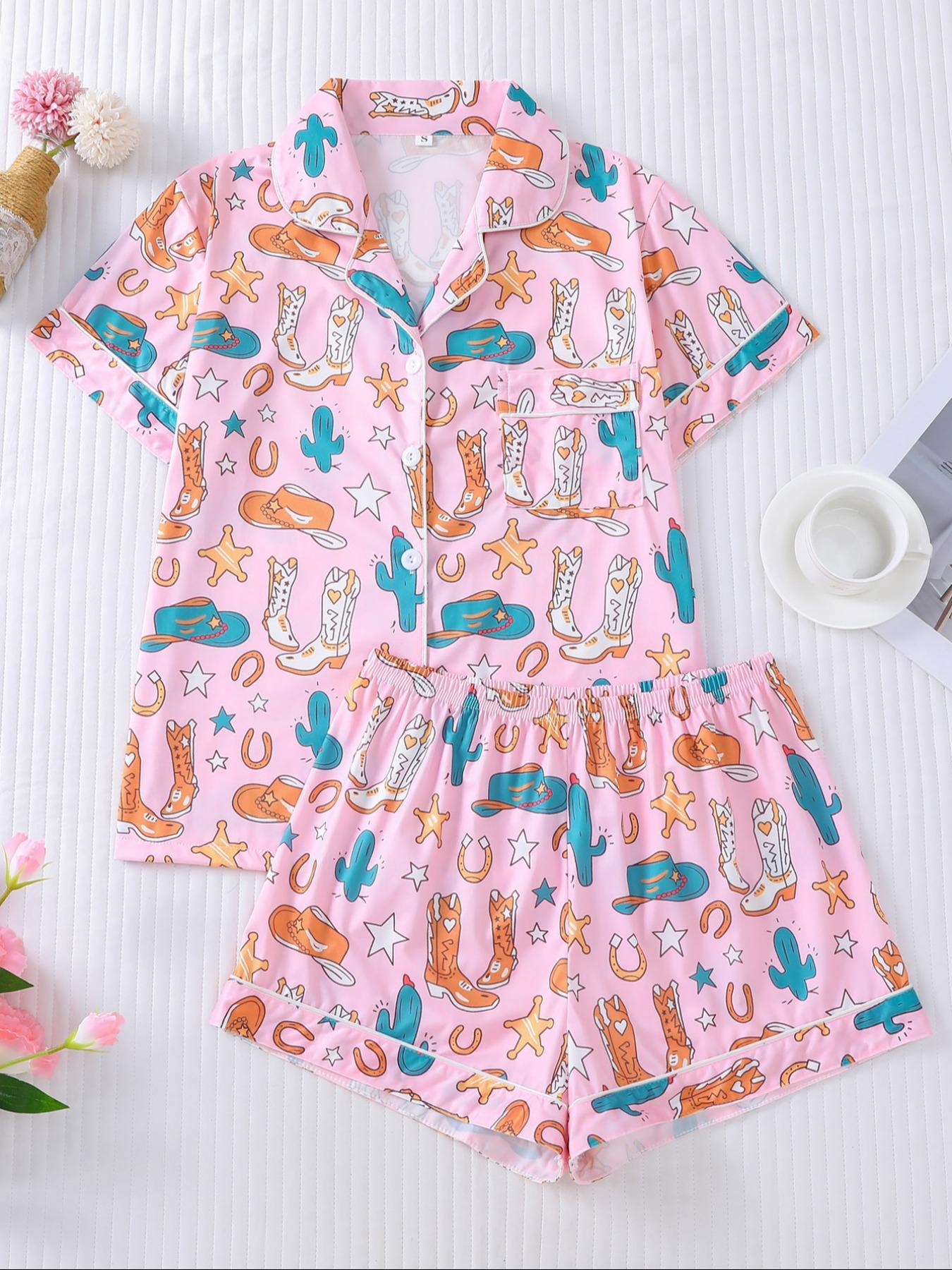 Women's All Over Cowboy Print Lapel Neck Button Front Pajama, Casual Comfy Short Sleeve Pocket Top & Elastic Waist Shorts PJ Set, Ladies Sleepwear Loungewear for All Seasons