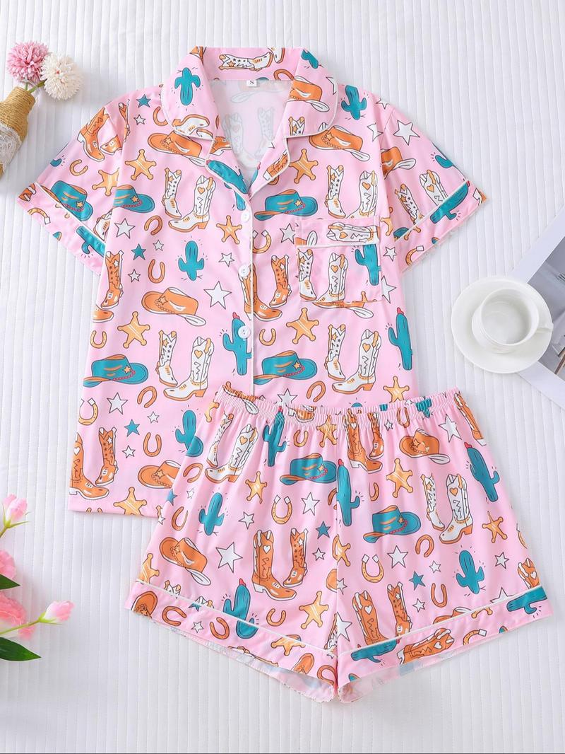 Women's All Over Cowboy Print Lapel Neck Button Front Pajama, Casual Comfy Short Sleeve Pocket Top & Elastic Waist Shorts PJ Set, Ladies Sleepwear Loungewear for All Seasons