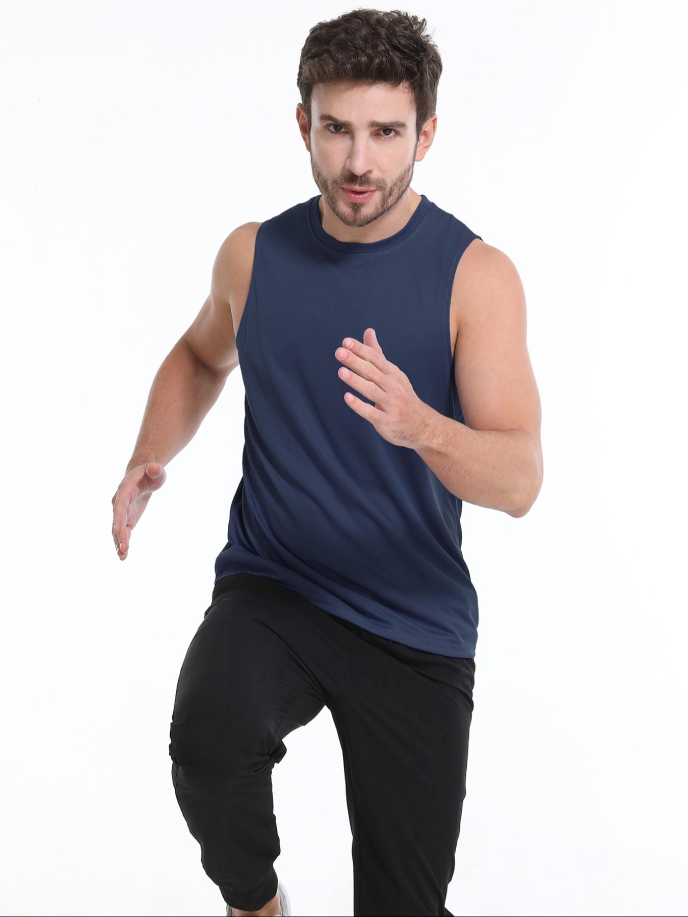 Men's 5pcs Solid Round Neck Sleeveless Sports Vests, Breathable Comfortable Quick Drying Sweat-absorbing Tank Tops for Outdoor Activities, Sport & Outdoor Clothing for Summer