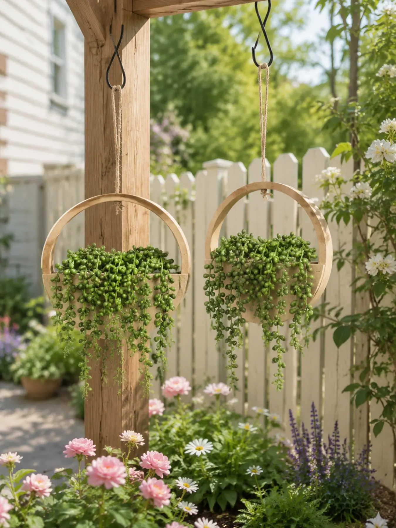 Set of 2 Artificial Succulent Hanging Plants, 12.2-Inch Faux String of Pearls, Wood-Tone Finish, Indoor/outdoor Wall Decor