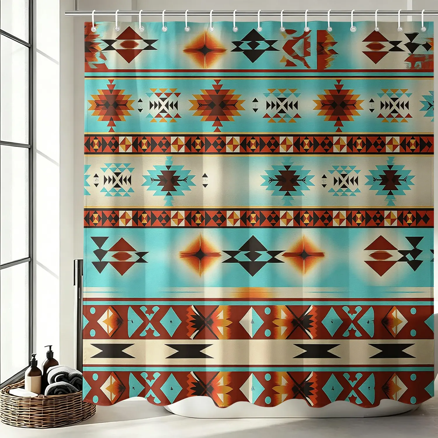 Boho Southwest Aztec Tribal Shower Curtain Set, Waterproof Cloth Fabric Wall Bathtub Curtain 72"x72" with 12 Hooks, Shower Stall Curtain, Turquoise Western Geometric Cabin Bathroom Decor Accessories