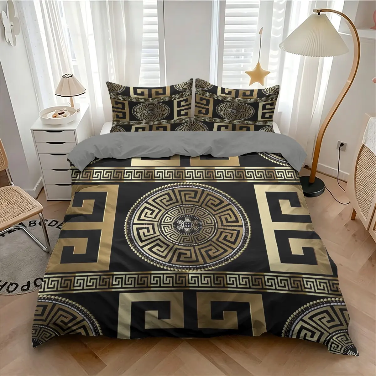 Black Gold Greek Key Pattern Duvet Cover Set, 2/3Pcs Elegant Digital Print Bedding Set (1 Duvet Cover, 1 or 2 Pillowcase, Not Pillow Core), Opulent Bedroom Decor, All Season Bed Linens, Gift for Greek Key Lovers