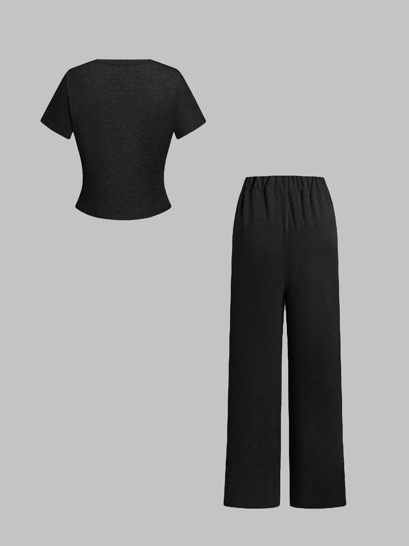 Women's Solid Ribbed Basic Crop Top & Wide Leg Pants Two-piece Set, Casual Fashion Cozy Fitted Top & Trousers for Daily Outdoor Wear, Ladies Clothes for All Seasons,Airport Outfit