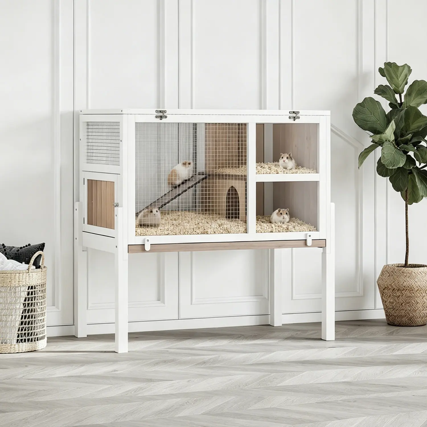 38in Wooden Small Animal Cage with Stand, 2-Story Design, Clear View, Leak-Proof Tray, Ramp & Hideout, Lockable Door