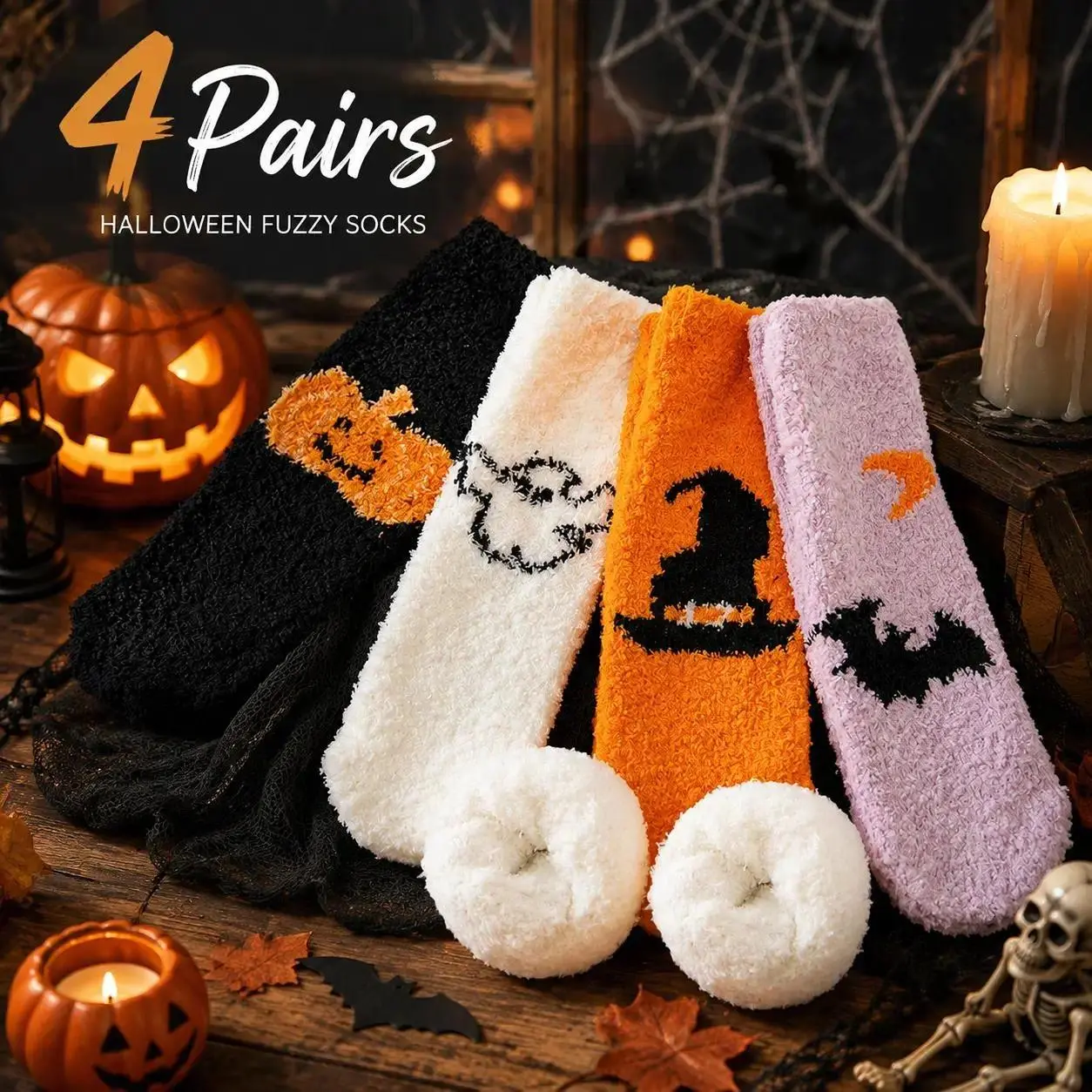 4 Pairs Women’s Halloween Plush Socks, Cozy Coral Fleece Pumpkin, Bat, Witch Hat & Ghost Designs, Warm Fuzzy Crew Socks for Fall & Winter, Halloween Parties, Lounging, Home & Gift Giving