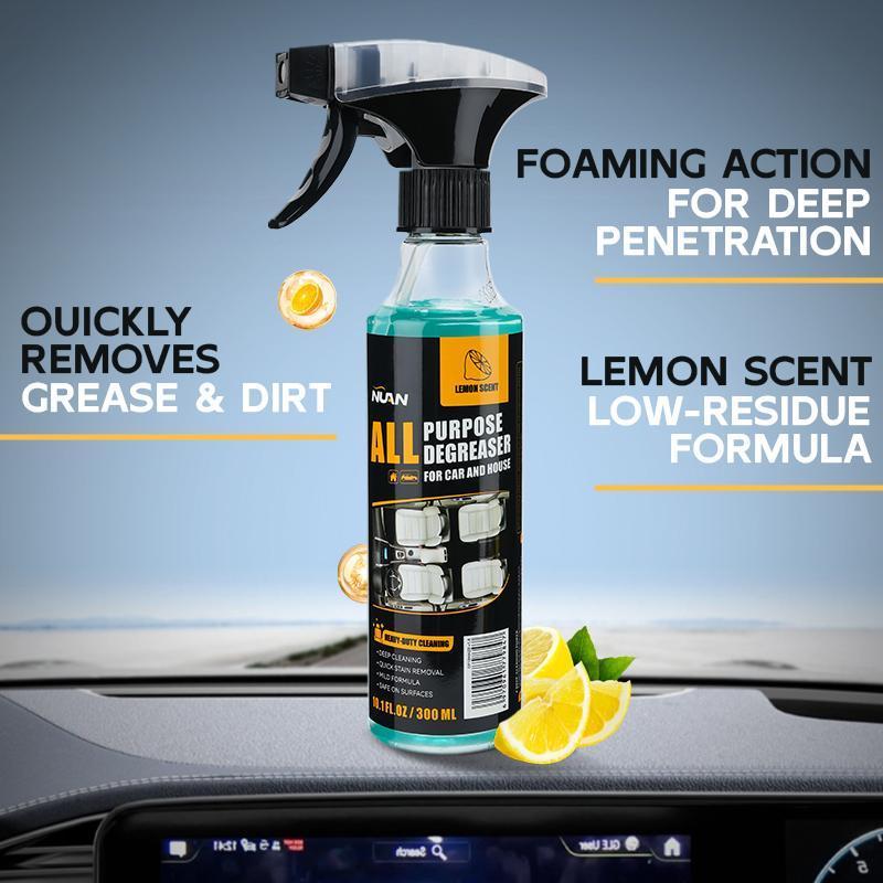NUAN Multi-Function Cleaner – Car/home use (leather/fabric/plastic), removes tough stains, mild lemon formula, dual nozzles + free towel.