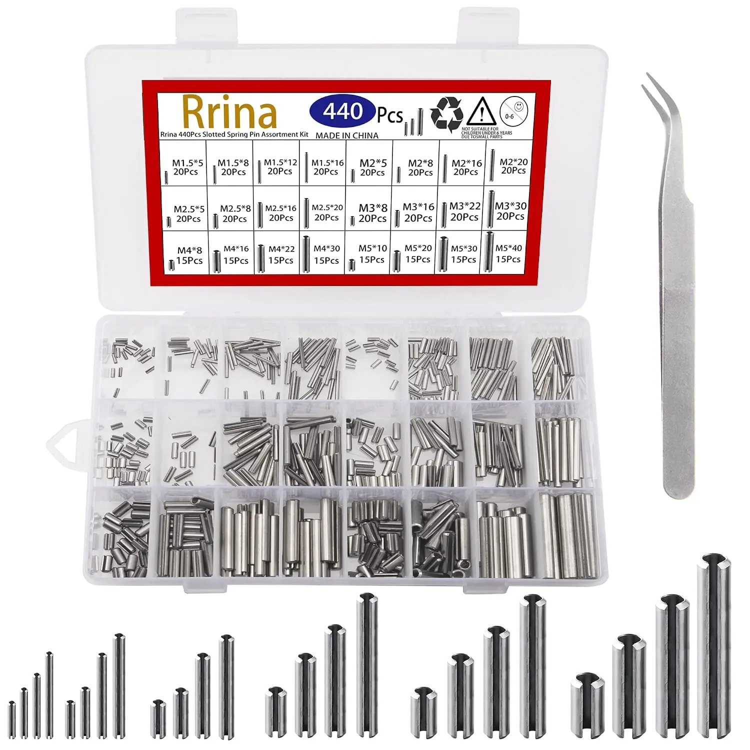 440Pcs 304 Stainless Slotted Pin Assortment Kit, M1.5 M2 M2.5 M3 M4 M5 Split Expansion Dowel Tension Roll Pins