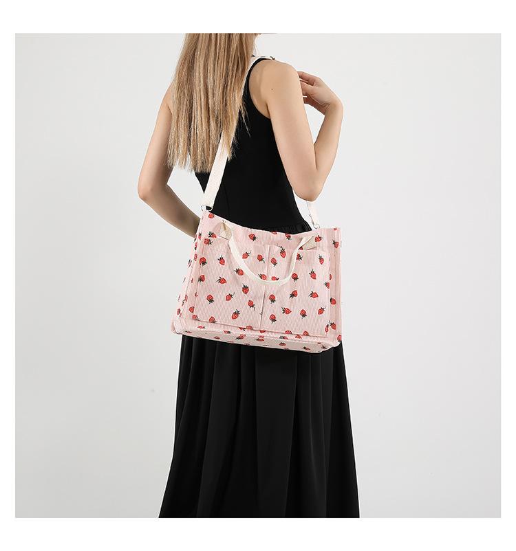 Women's Tote Bag Strawberry Print Canvas Student Shoulder Handbag Large Capacity Multi-Pocket Travel Purse Casual Daily Use Durable Totebag