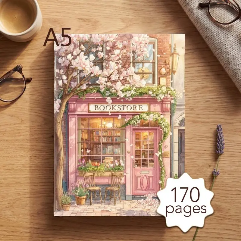 A5 Reading Journal Planner, Magnolia Watercolor Print, 170 Pages, Bookshelf Drawing, New Releases Tracker, 52 Review Templates, Gift Idea