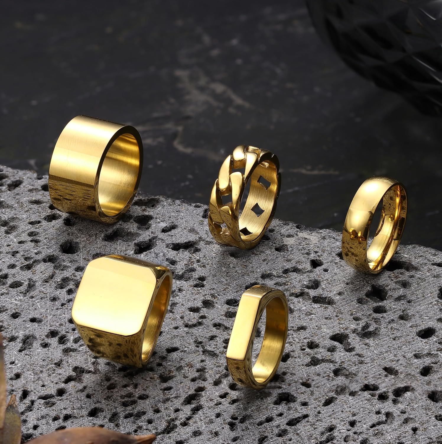 5 PCS 14K Gold Rings for Men Mens Gold Ring Mens Stainless Steel Rings Square Signet Rings Pinky Thumb Ring Chunky Thick Band Cuban Link Chain Ring Cool Finger Ring Wedding Band Ring for Men(Size 7-15)