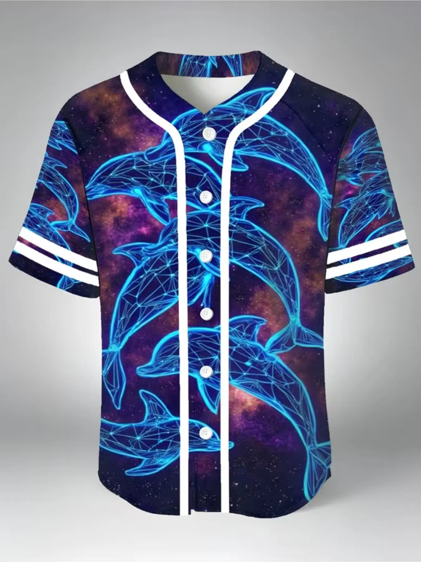 Men's Baseball Jersey, Blue Dolphin Pattern, Futuristic Digital Art, Mixed Color, High-Quality Fabric, Casual & Sporty, All Seasons