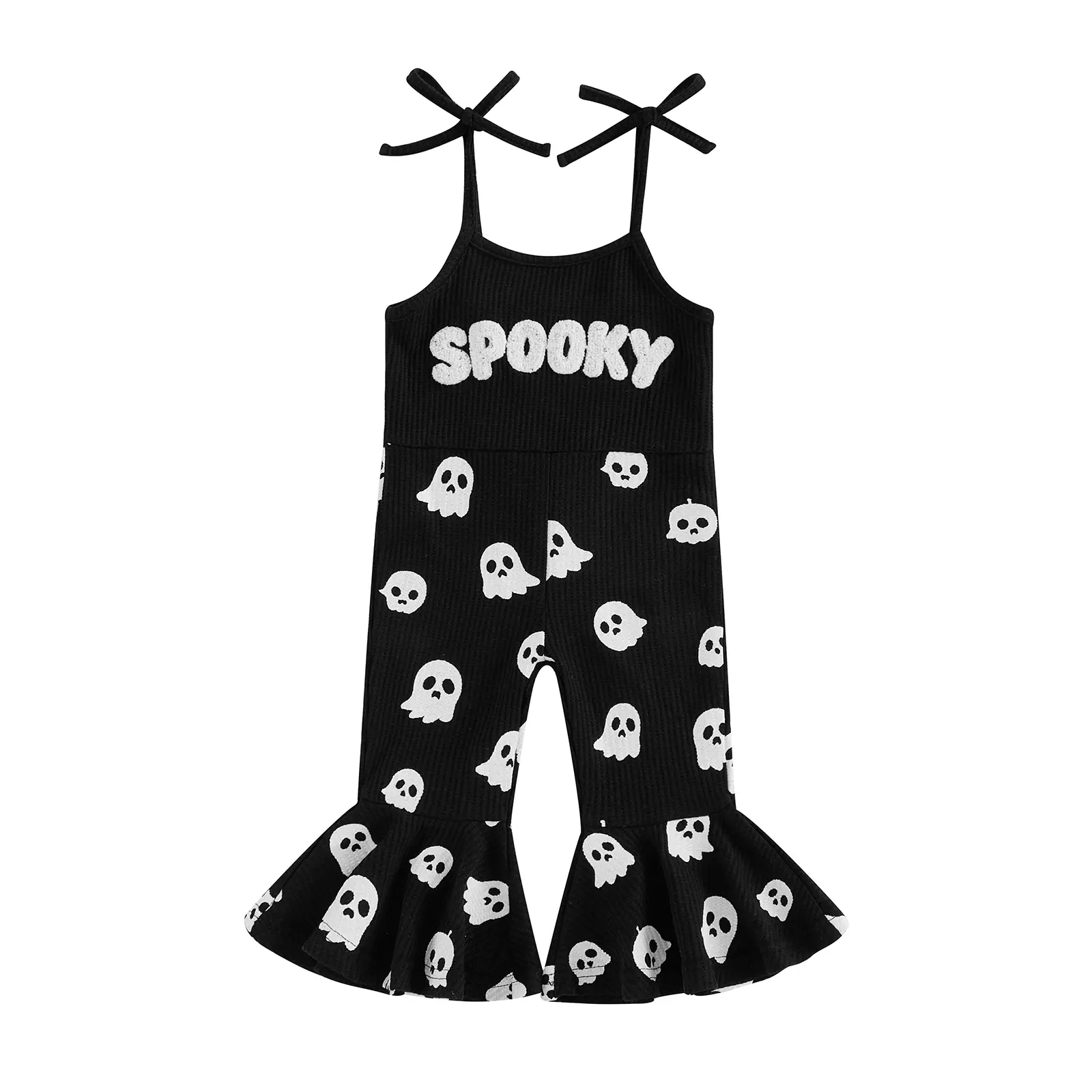 Canrulo Halloween Toddler Girl Bell Bottom Jumpsuit Spooky Embroidery Ghost Print Romper Baby Spaghetti Straps Overalls Flare Pant Kid Playsuit