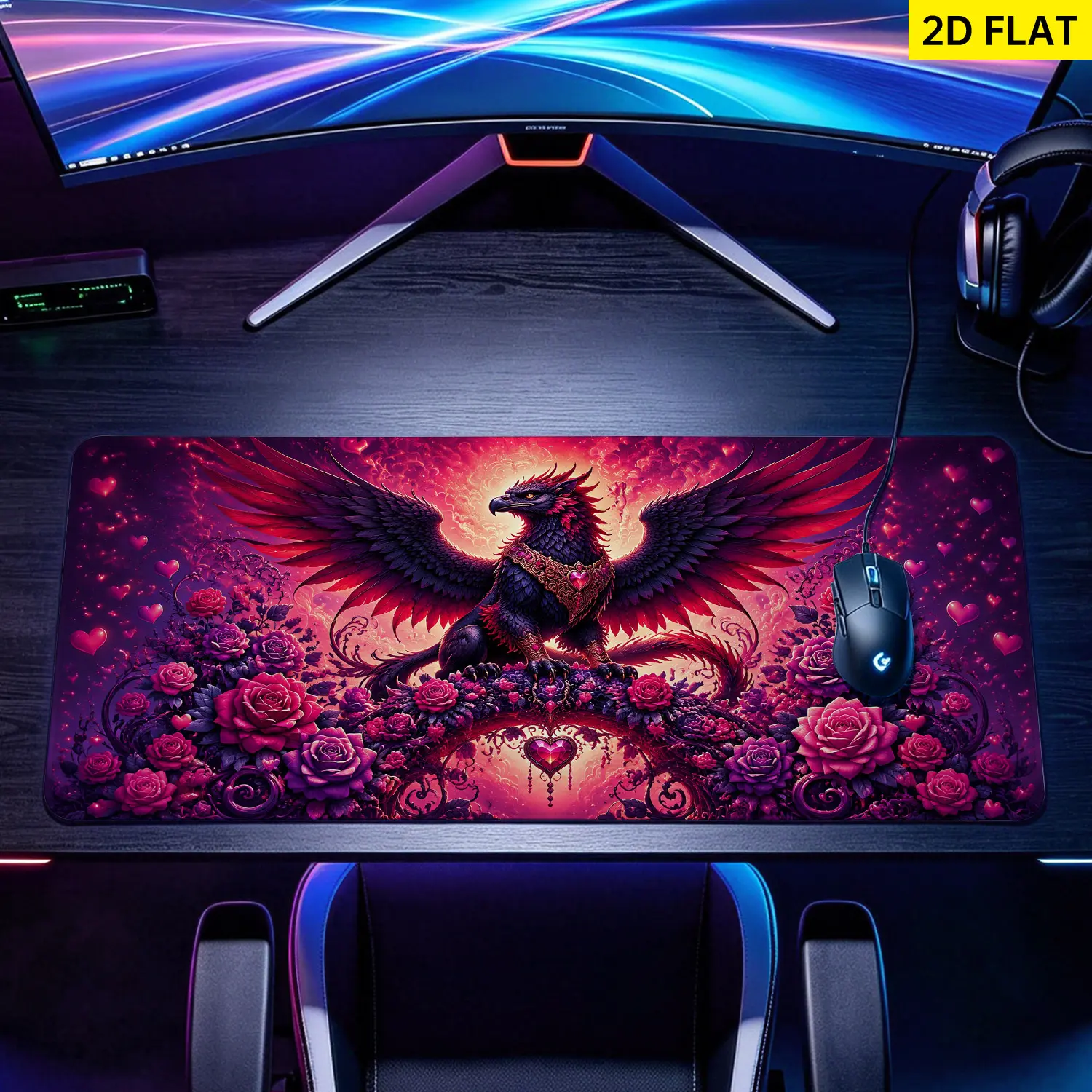 Extra Large mythical griffin rose heart Mouse Pad,Non Slip Rubber Pad,Desktop Decoration Drotection Pad,Washable,Lock Edge Multi Size,Premium Multipurpose Mousepad For Home,Office,Gift for Family and Friends