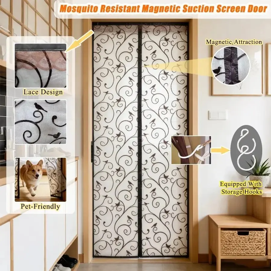 Magnetic Mesh Door Curtain, No-Drill Magic Tape, Silent Ventilation, Mosquito Proof, Home Kitchen Bedroom, Summer Privacy Door Cover